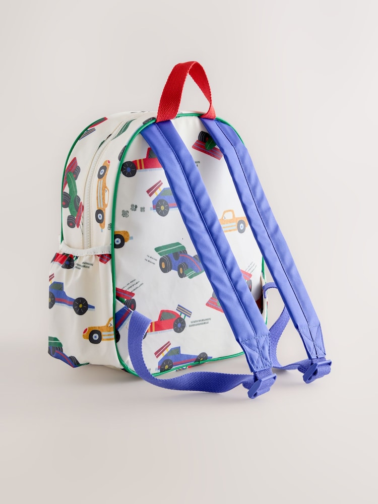 Ecru and white clothing with an all-over car print - backpacks