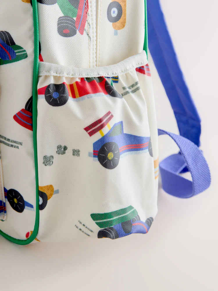 Ecru and white clothing with an all-over car print - backpacks