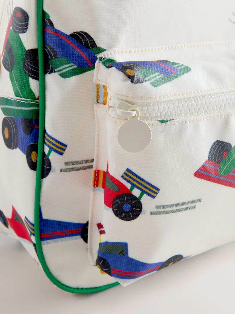 Ecru and white clothing with an all-over car print - backpacks