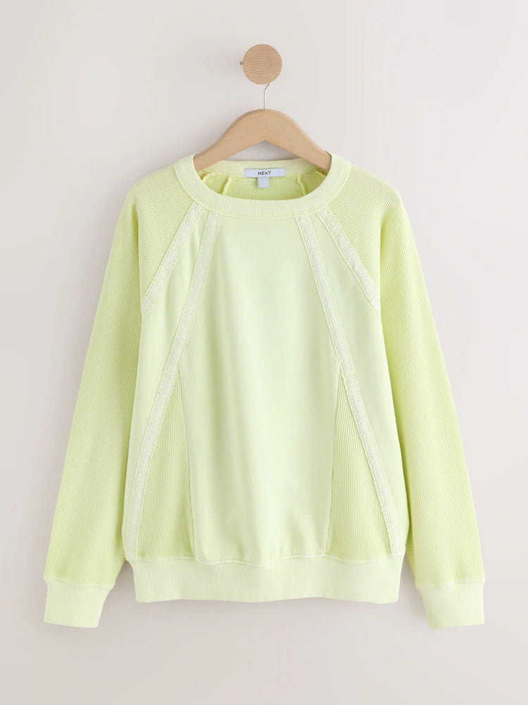 Lime Green Lace Trim Waffle Sleeve Lightweight Sweatshirt