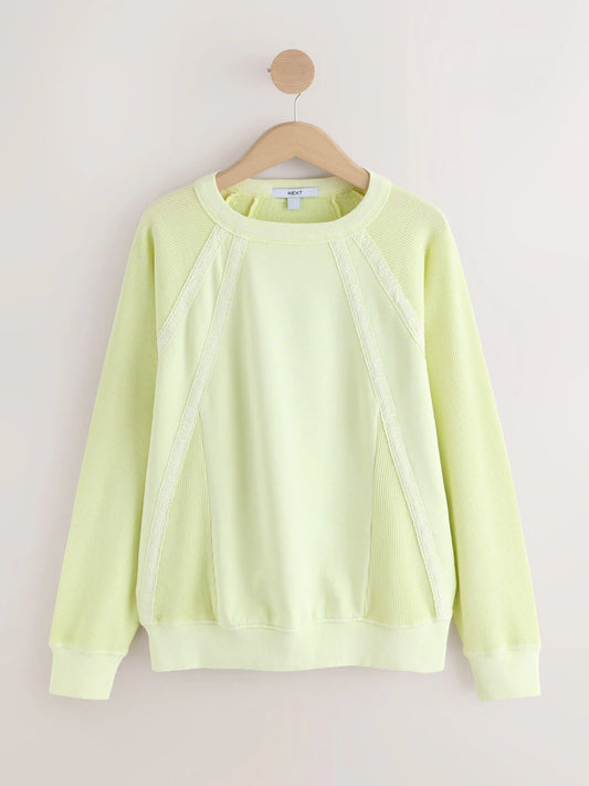 Lime Green Lace Trim Waffle Sleeve Lightweight Sweatshirt