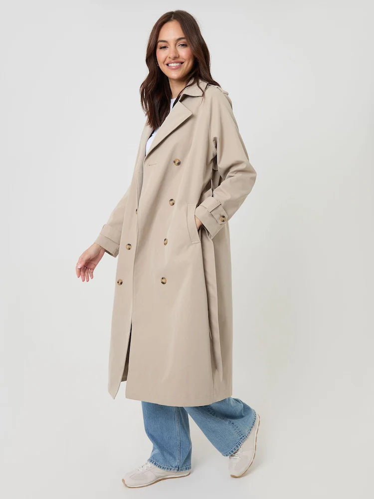 Stone - Threadbare Double Breasted Longline Trench Coat