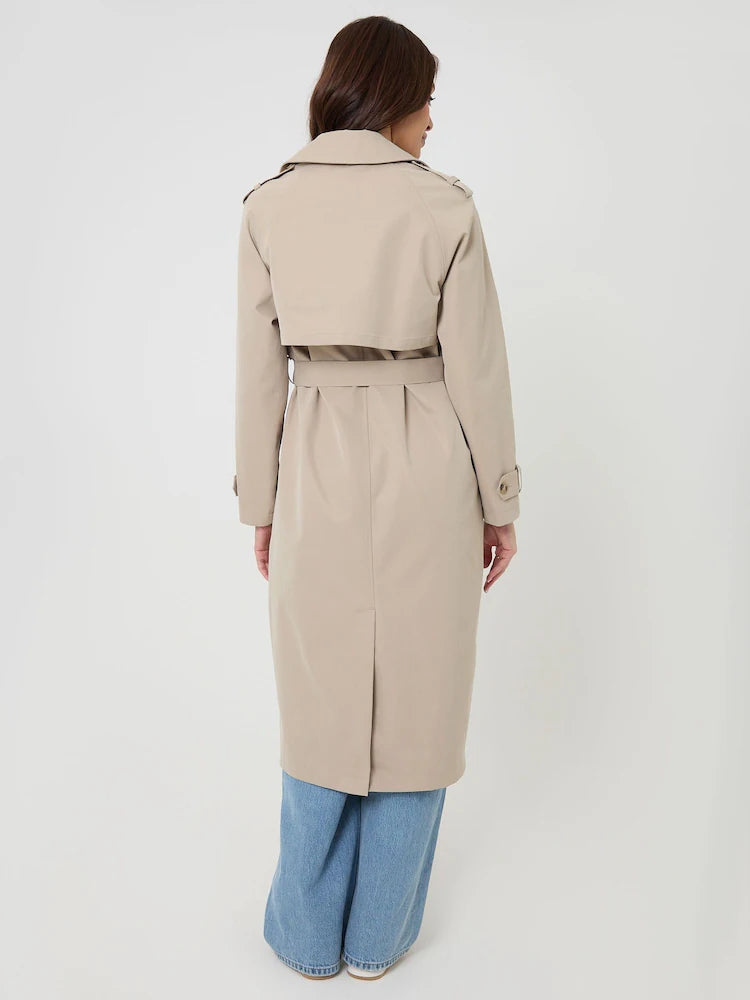 Stone - Threadbare Double Breasted Longline Trench Coat