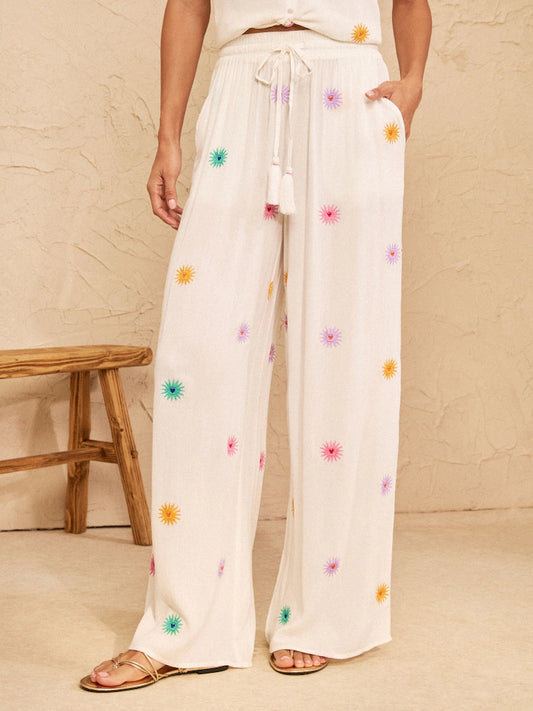 Ivory with sun embroidery - Love & Roses wide-leg beach trousers