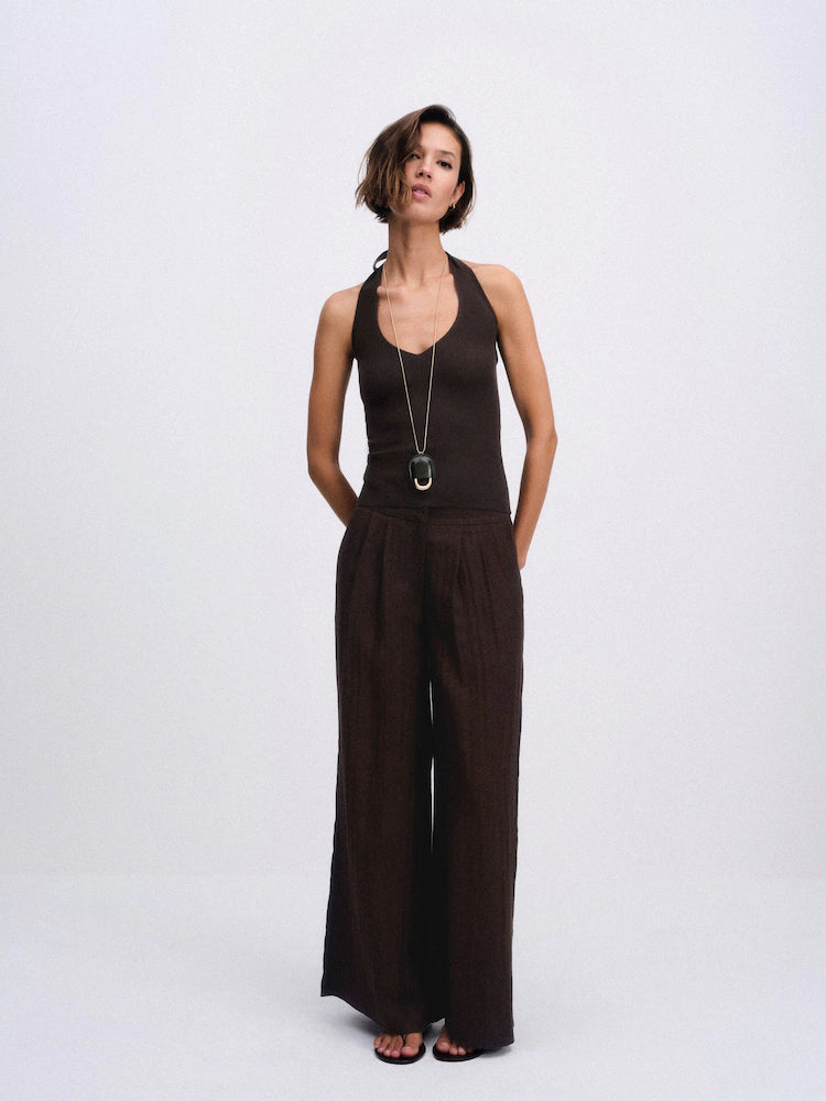 Chocolate Brown/Khaki Green - The Set 2 Pack Pull On Pleated Front Wide Leg Trousers With Linen