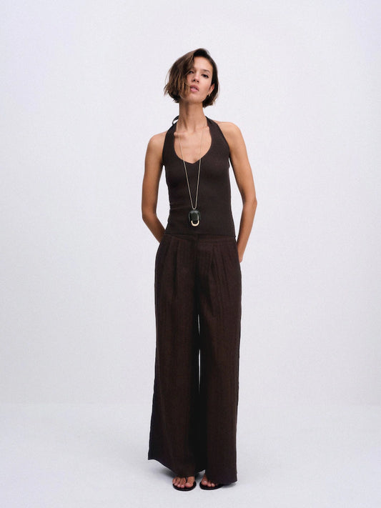 Chocolate Brown/Khaki Green - The Set 2 Pack Pull On Pleated Front Wide Leg Trousers With Linen