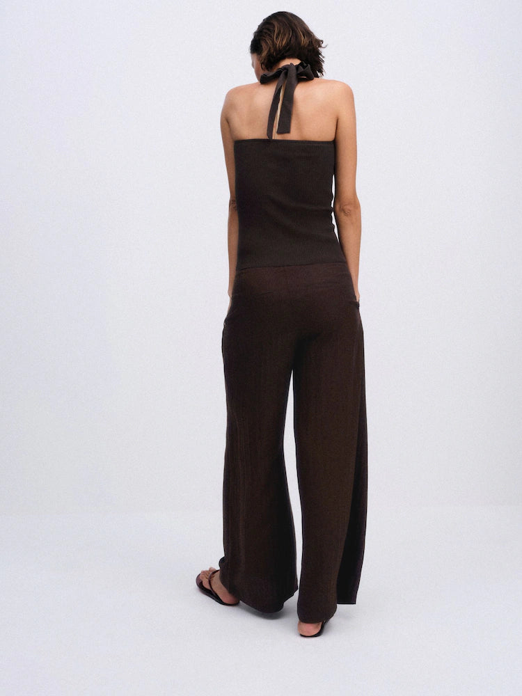 Chocolate Brown/Khaki Green - The Set 2 Pack Pull On Pleated Front Wide Leg Trousers With Linen