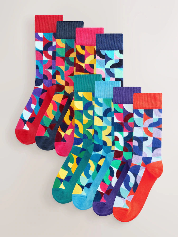 Bright red/green with geometric pattern - sock sewing pattern, 8 pack