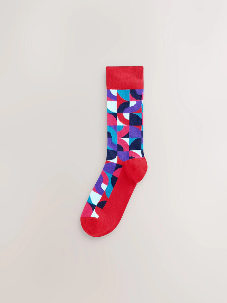 Bright red/green with geometric pattern - sock sewing pattern, 8 pack
