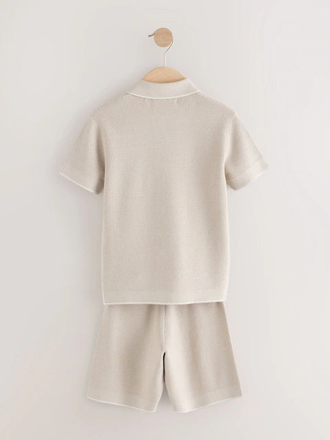 Neutral - Structured knitted polo shirt and shorts set