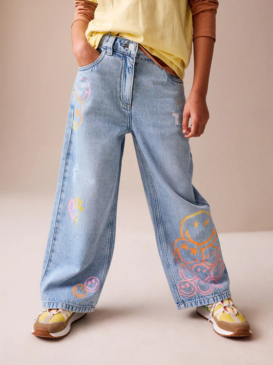 Medium blue - wide-leg jeans with SmileyWorld® print (3-16 years)
