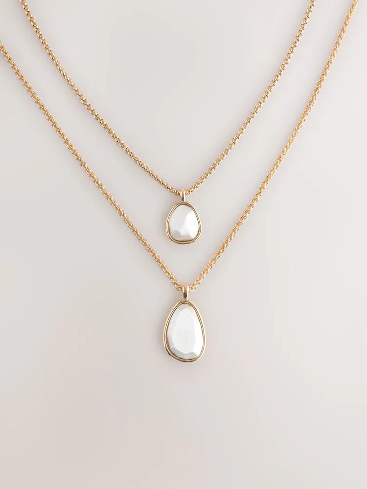 Gold/Silver Tone - Double-row necklace with teardrop pendant