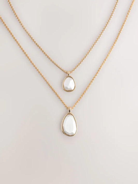 Gold/Silver Tone - Double-row necklace with teardrop pendant