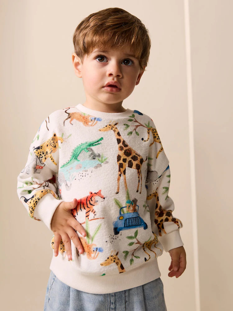 Watercolor animal motif sweatshirt with all-over print and crew neck (3 months–7 years)