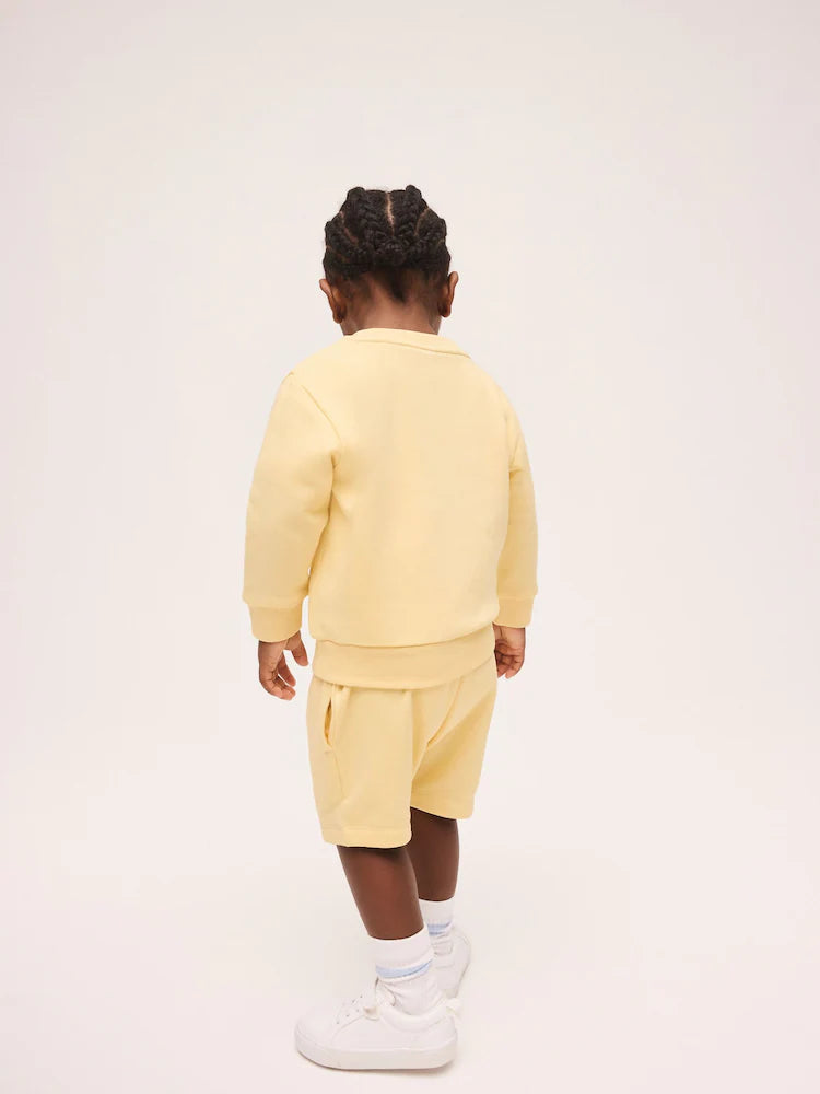 Light yellow - Solid color crew neck sweatshirt and shorts set (3 months–7 years)