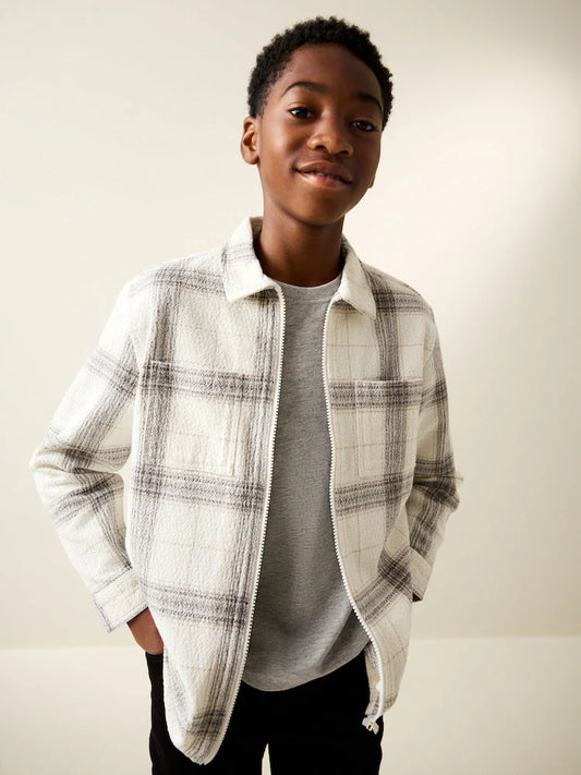 Grey/white - Checkered overshirt with zipper (3-16 years)