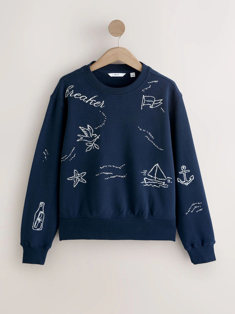 Navy blue - Embroidered sweatshirt with a sea motif and round neckline