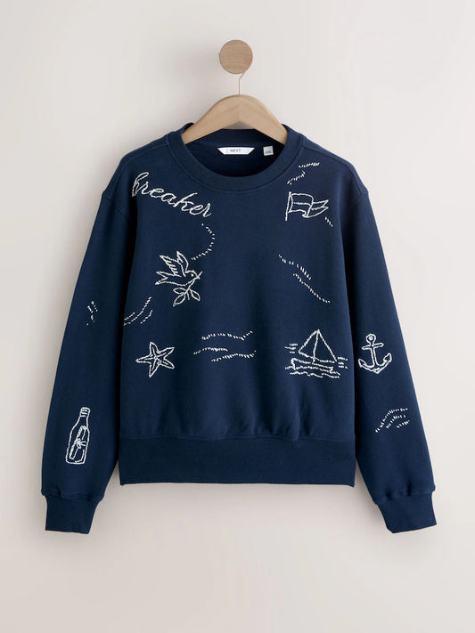 Navy blue - Embroidered sweatshirt with a sea motif and round neckline
