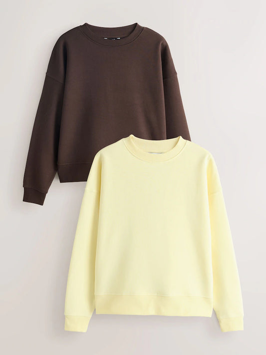 Chocolate brown/butter yellow - Super soft essential sweatshirts with crew neck and seam details in a 2-pack