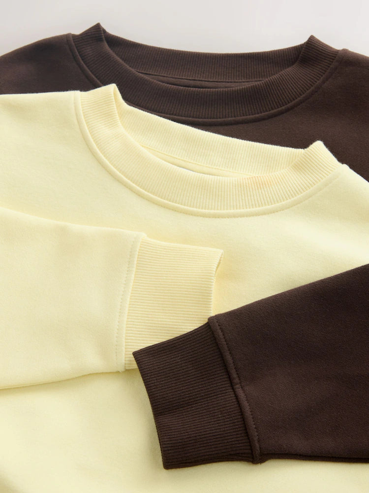 Chocolate brown/butter yellow - Super soft essential sweatshirts with crew neck and seam details in a 2-pack