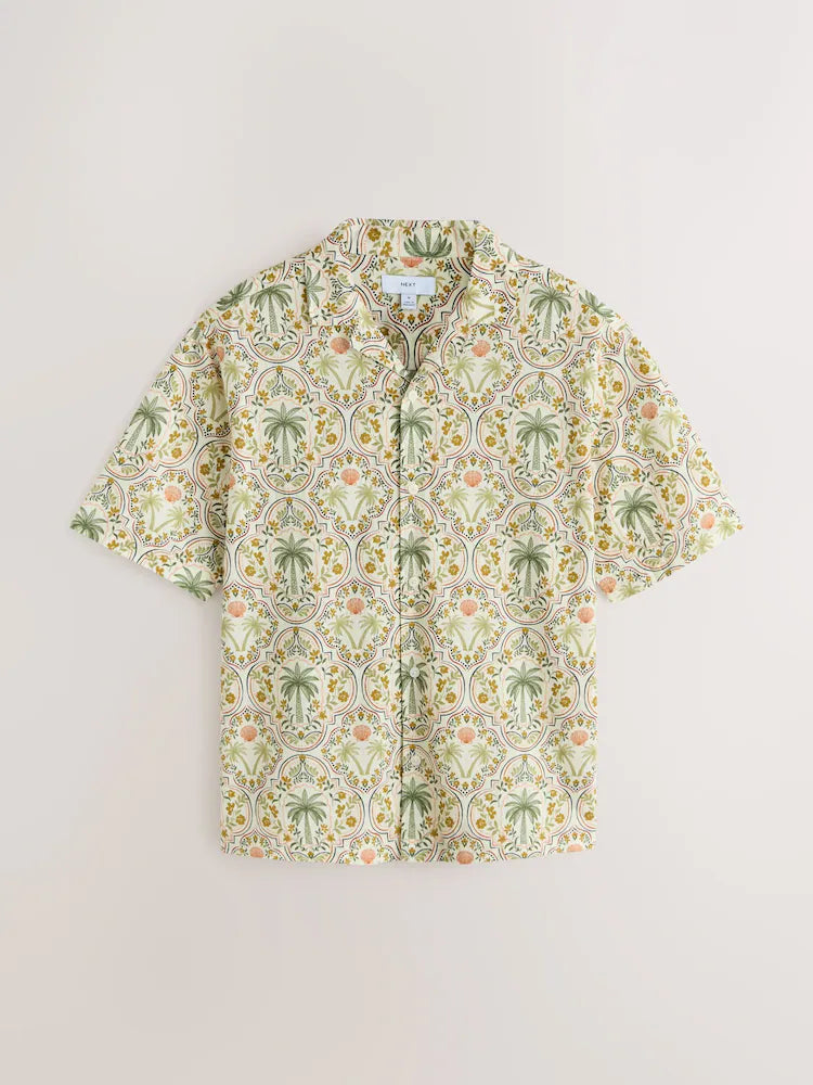 Ecru - Short-sleeved shirt with palm print