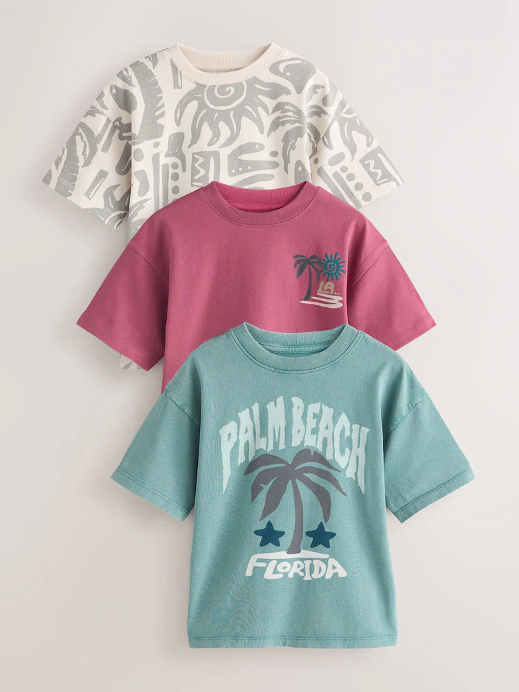 Berry/Mineral/Ecru - Short-sleeved T-shirts in relaxed fit with graphic print, 3-pack
