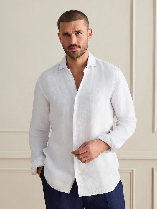 White - Long Sleeve - Signature Basket Weave 100% Linen Shirt