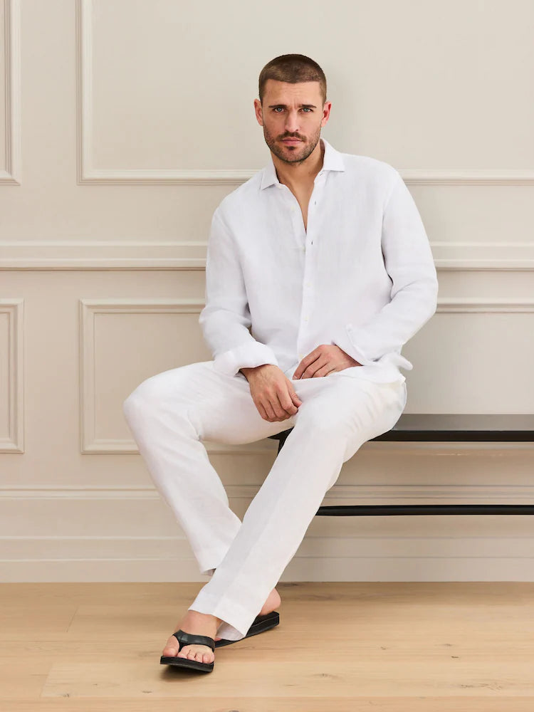 White - Long Sleeve - Signature Basket Weave 100% Linen Shirt