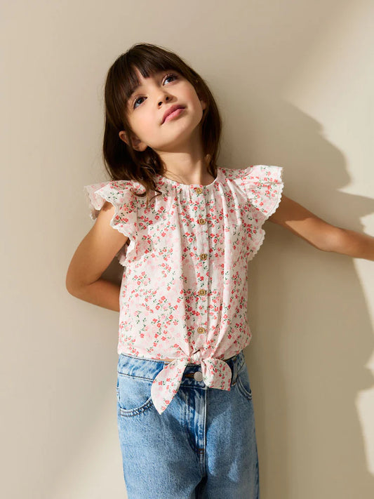 Pink floral blouse with front lacing