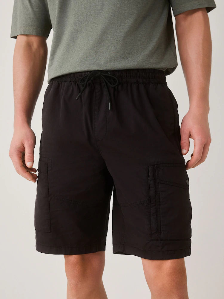 Black cargo shorts with drawstring waistband
