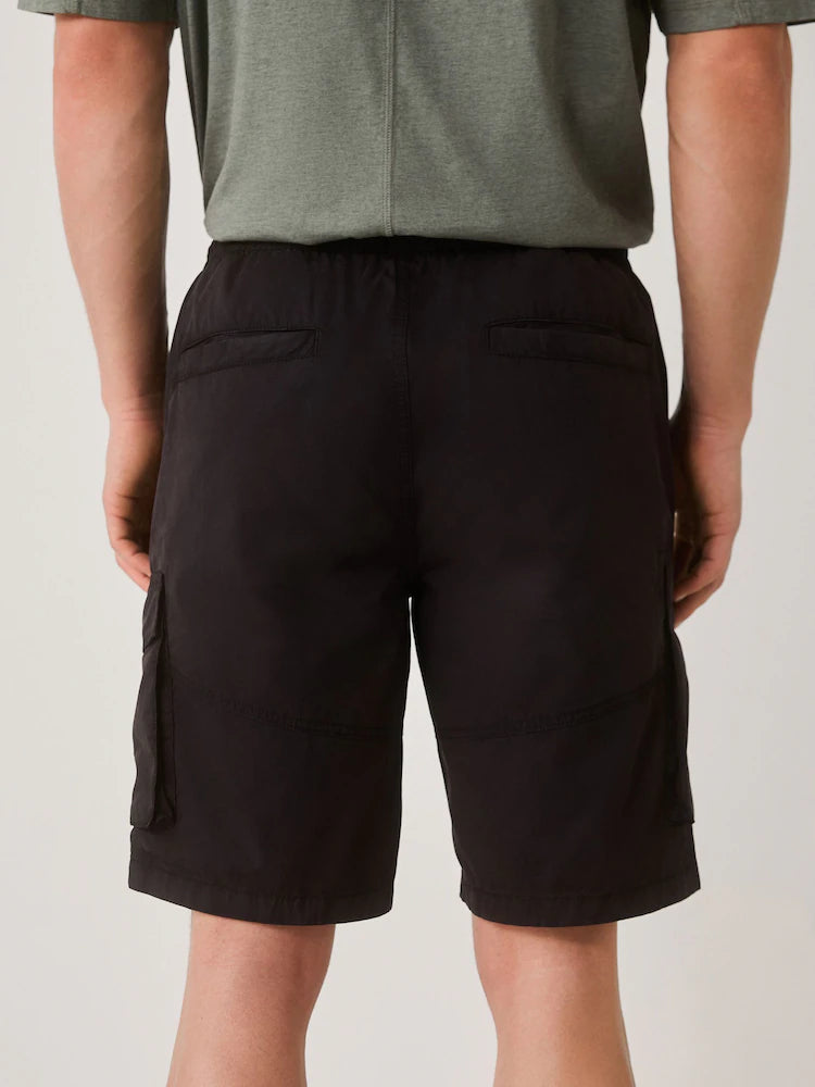 Black cargo shorts with drawstring waistband