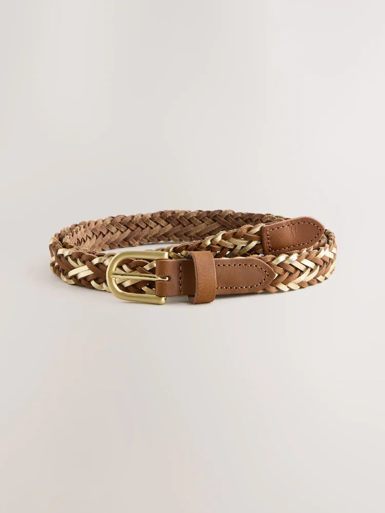 Tan Brown/Gold - Narrow metallic hand-braided leather belt