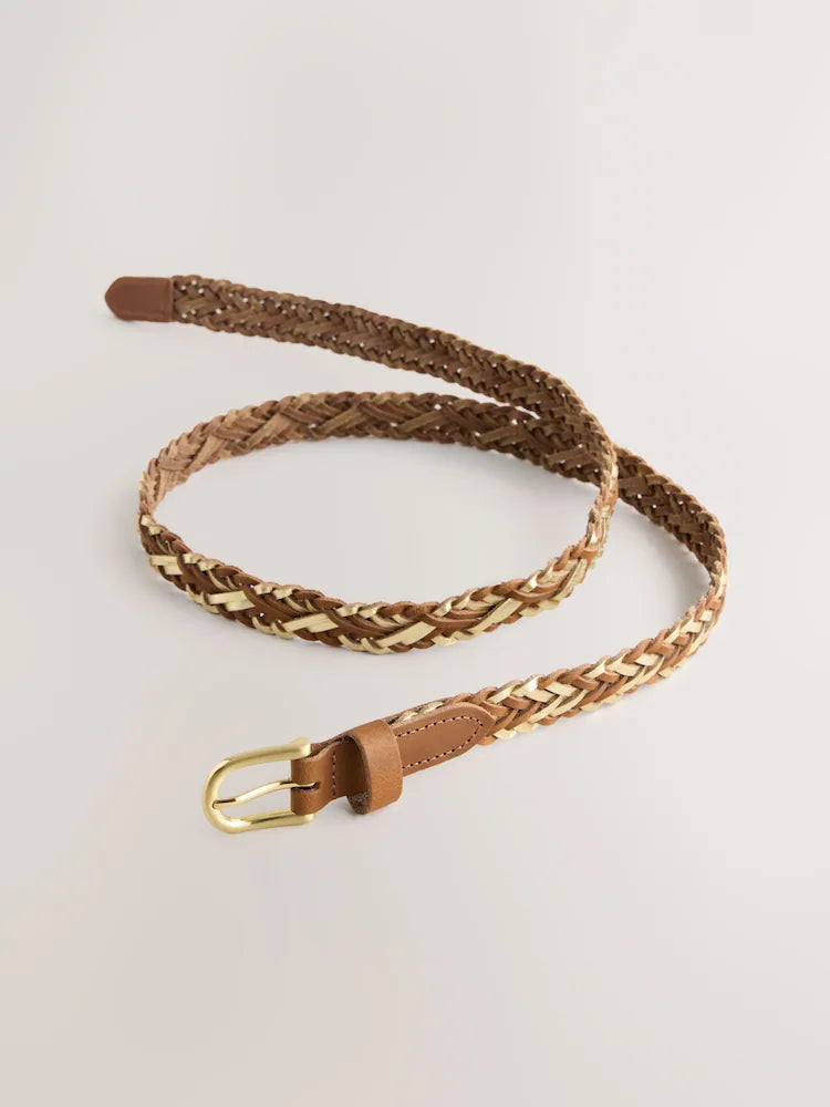 Tan Brown/Gold - Narrow metallic hand-braided leather belt