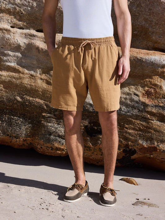 Hellbraun - Shorts aus strukturiertem Baumwoll-Leinengemisch mit Kordelzug