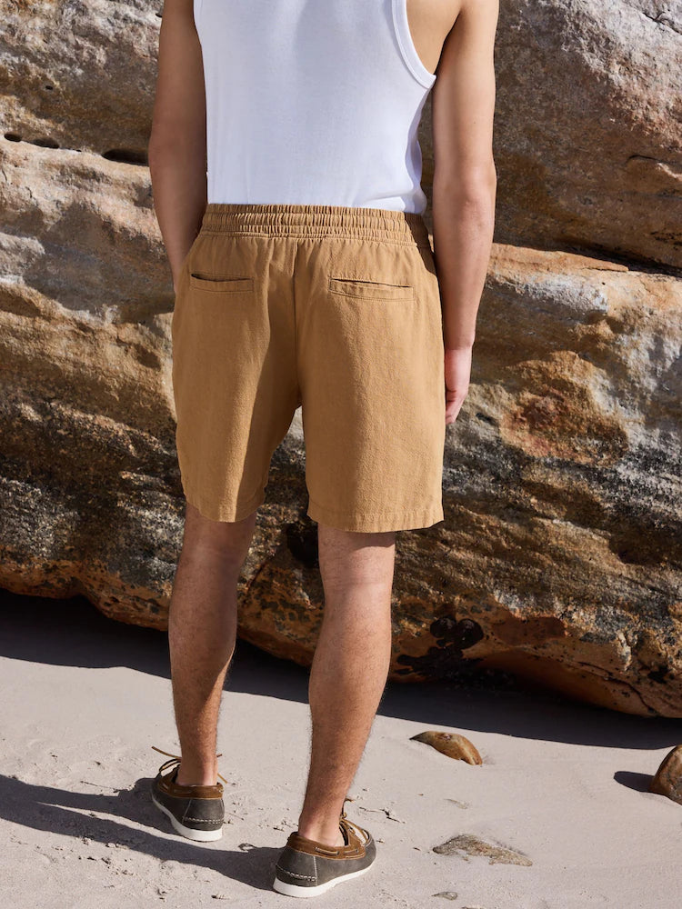 Hellbraun - Shorts aus strukturiertem Baumwoll-Leinengemisch mit Kordelzug