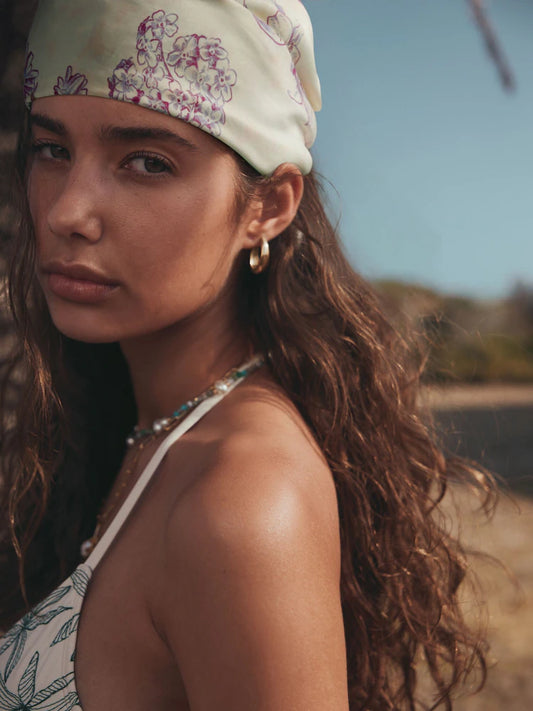 Ecru with floral print - Pre-tied headscarf