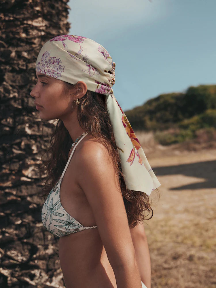 Ecru with floral print - Pre-tied headscarf