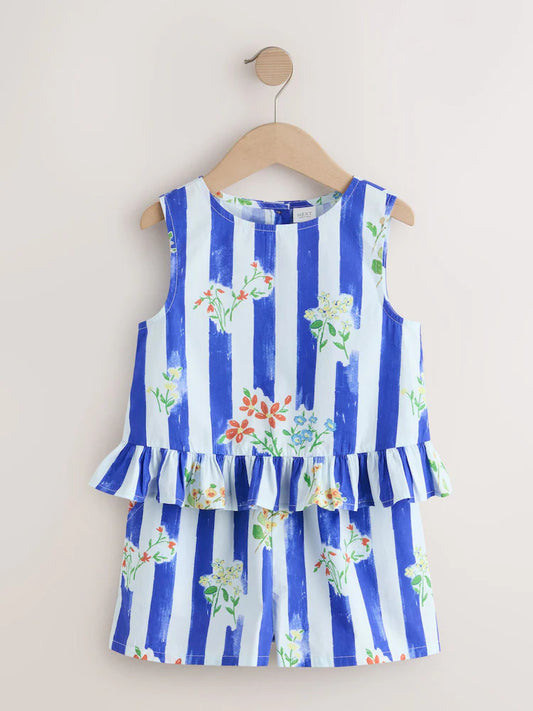 Striped, blue - peplum blouse and shorts