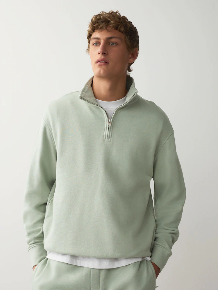 Sage Green Cotton Rich Lightweight Jersey Quarter Zip Sweatshirt