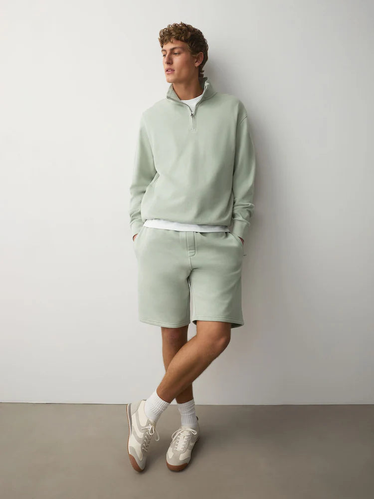 Sage Green Cotton Rich Lightweight Jersey Quarter Zip Sweatshirt
