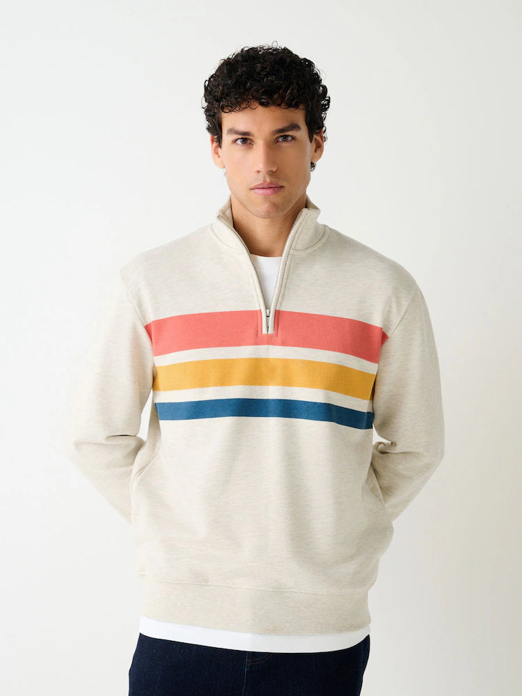 Ecru/white melange - Sweatshirt with color block design and quarter zip