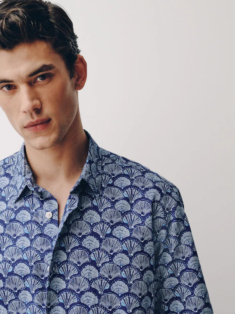 Navy Blue Shell Relaxed Fit Print Short Sleeve Shirt