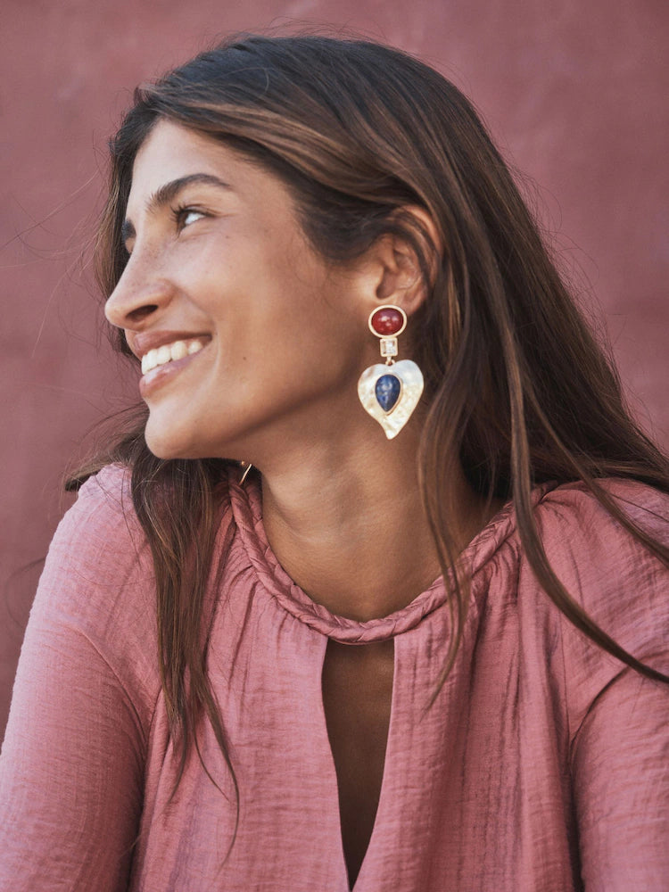 Gold colored - Hammered Resin Heart Drop Earrings