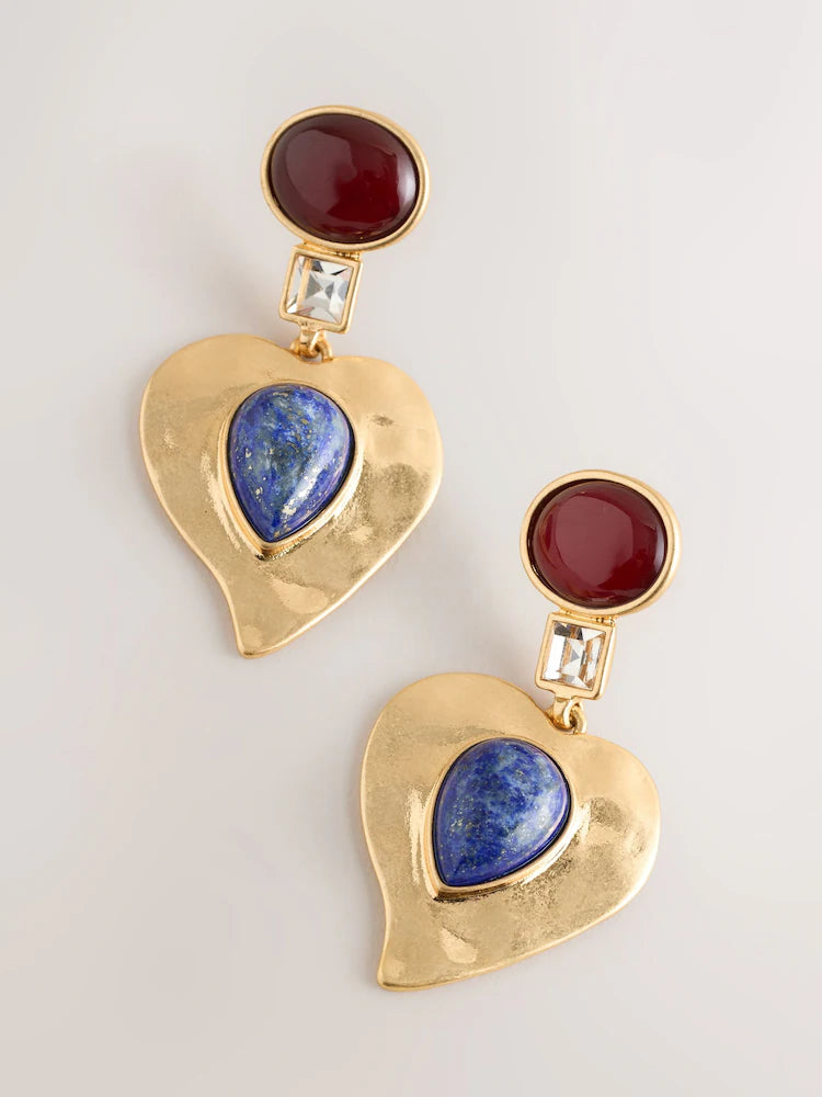Gold colored - Hammered Resin Heart Drop Earrings